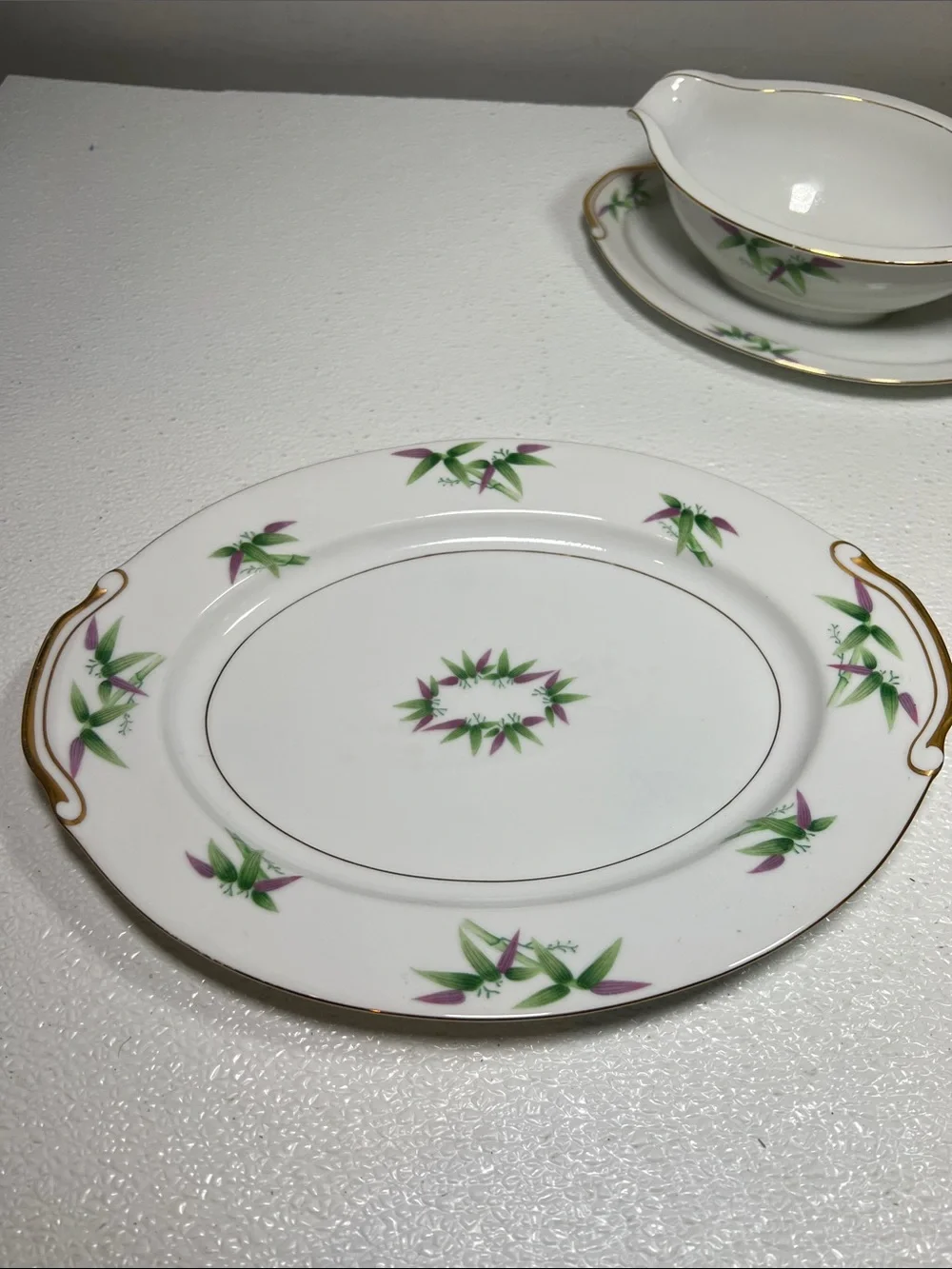 Vtg Harmony House Green Purple Bamboo Mandarin Plate Platter Gravy Boat Japan